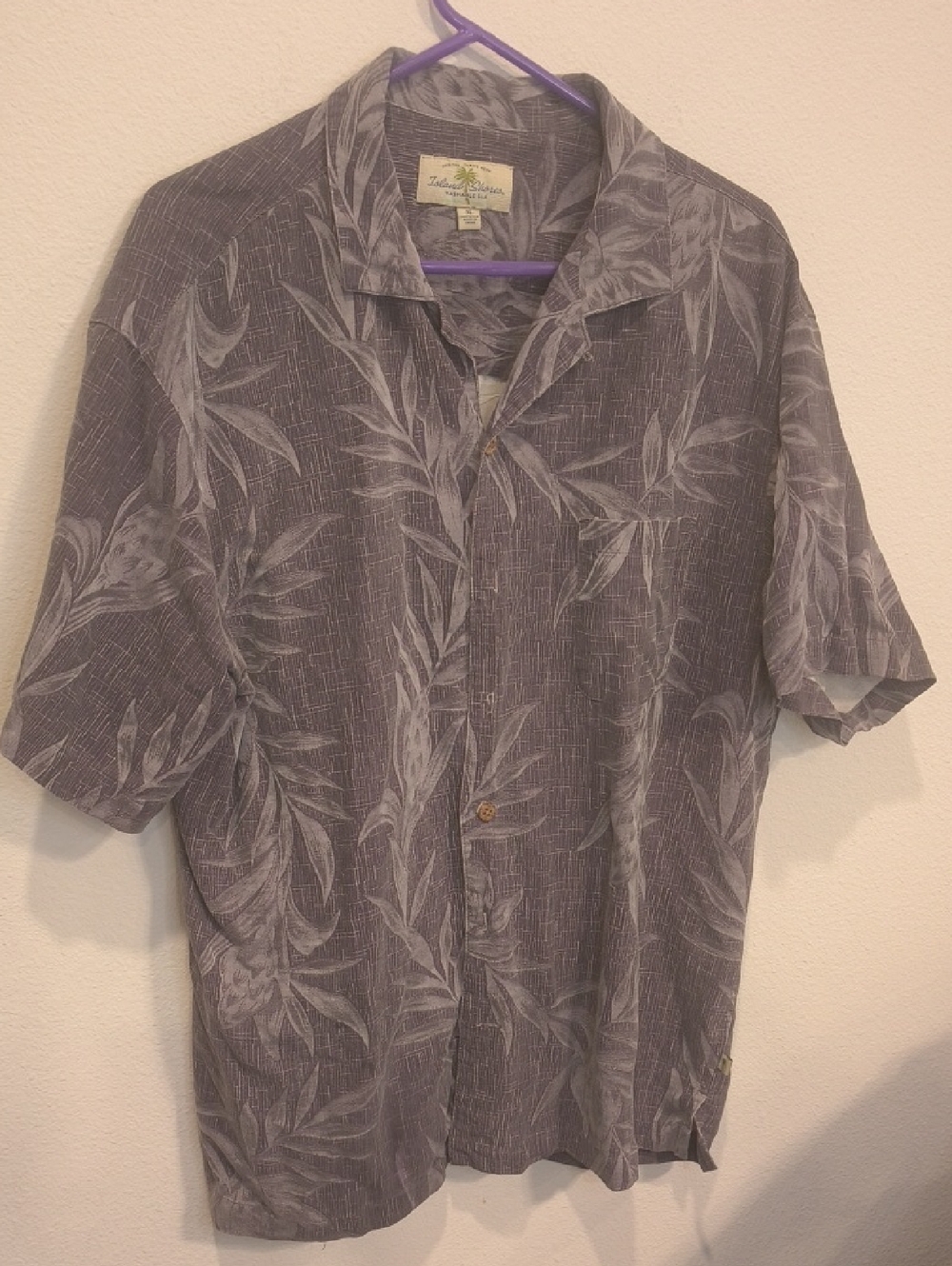 Casual Short-Sleeve 100% Silk Shirt in Slate Gray Leaf Print